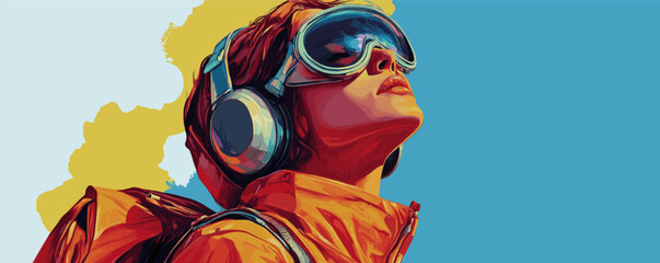 Stylish young woman in bright jacket and headphones with colorful pop art design.