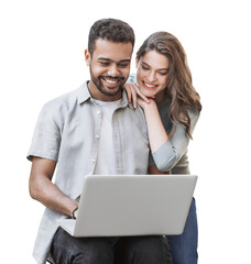 Beautiful happy young couple using laptop computer isolated transparent PNG. Joyful smiling woman...