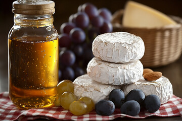 Gourmet Cheese Board with Honey and Grapes