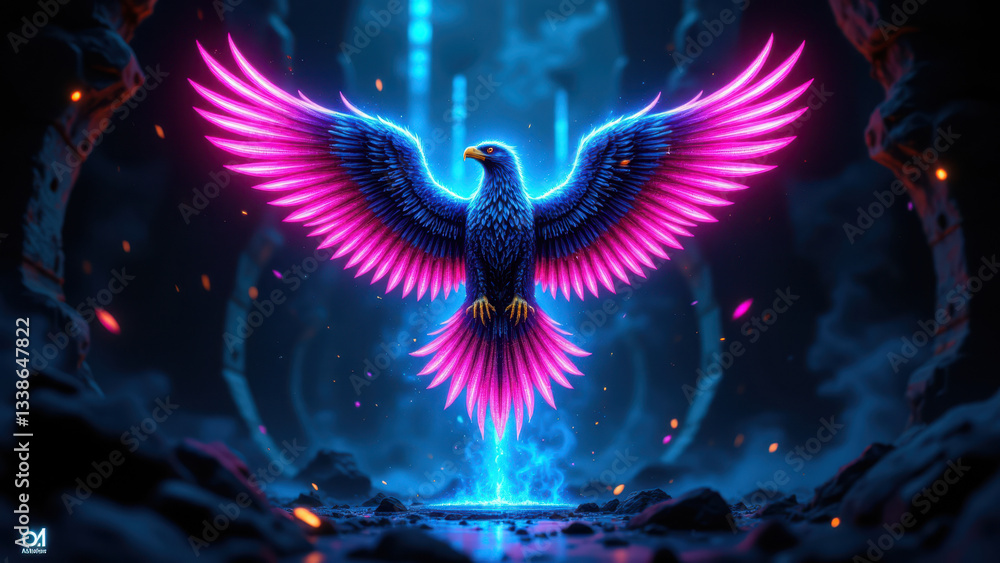 Poster cybersecurity-themed artwork featuring an eagle with vibrant wings flying over a fiery landscape tha