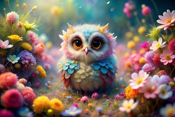 Fototapeta premium Whimsical Watercolor Owl Creature in Dreamy Forest, Tilt-Shift Miniature Photography