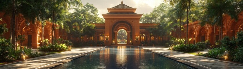 Fototapeta premium a tranquil pool reflects a beautiful architecture with arches and lush foliage, evoking a sense of peace and serenity