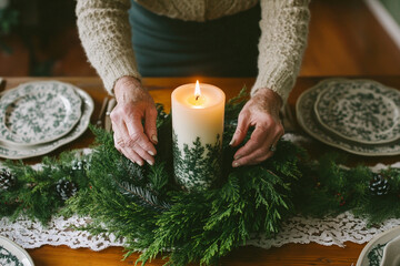An elderly woman's hands decorate a rustic Christmas table with a candle and greenery.