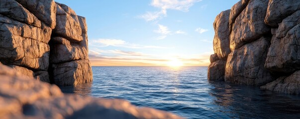 Seaside cliffs landscapes idea. Stunning seascape at sunset with rocky cliffs framing the tranquil waters.