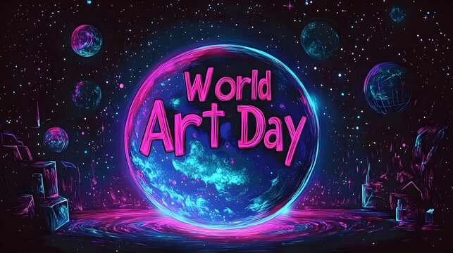 A cosmic-style "World Art Day" text orbiting a glowing planet Earth, symbolizing artistic expression with colorful and unique shapes