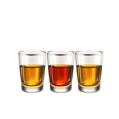Three Shot Glasses with Different Liquids Isolated on Transparent Background