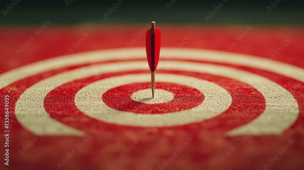 Poster dart arrow sticking in center of red and white circular target on soft focus background in strategic