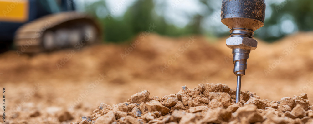 Poster close up view of geothermal drill bit penetrating ground, showcasing its sharp tip and rugged textur