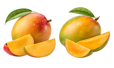 Ripe cut mango fruits with green leaf set, Fresh mango fruit isolated