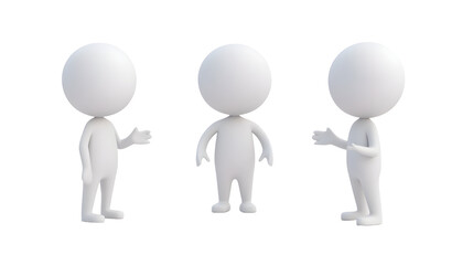 Three blank 3D cartoon characters standing and talking, teamwork and communication concept, modern design, Transparent Background PNG