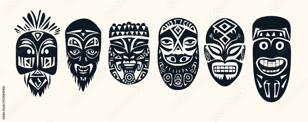 Poster traditional polynesian tribal masks with distinct patterns and expressions.