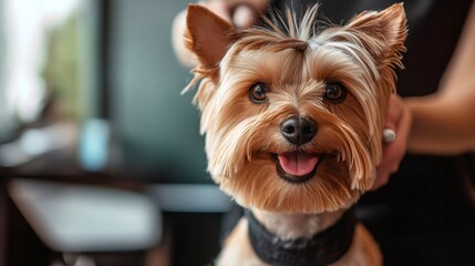Yorkshire terrier getting groomed by professional groomer smiling and happy