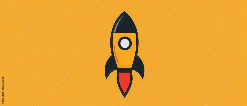 Poster cartoon rocket launching on orange background symbolizing innovation and space exploration with simp