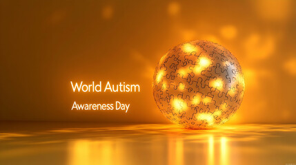 A glowing minimalist "World Autism Awareness Day" text positioned near a luminous sphere with abstract puzzle elements, solid yellow background
