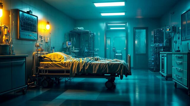 An empty bed in a quiet ICU room sets a solemn tone, illuminated by the soft glow of medical equipment. The low hum of machines fills the space with palpable tension
