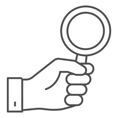 Magnifying glass in hand thin line icon, optical tool concept. Vector graphics. Magnifier in human hand sign on white background, outline style icon for mobile or web design.