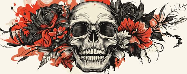 Artistic skull with red flowers and black roses surrounded by abstract paint splatter.