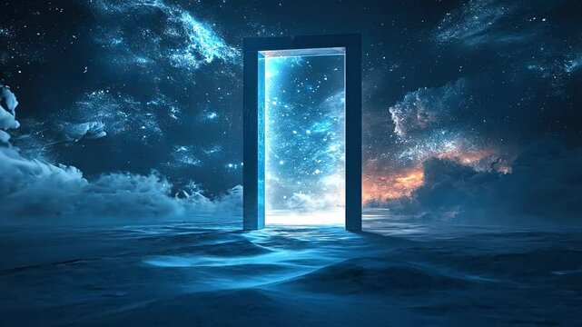 Mystical portal opens to cosmic landscape filled with stars and clouds, inviting exploration into night, where universe reveals its light and mystery.