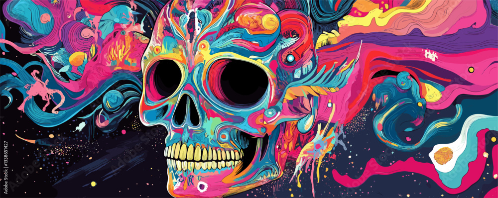 Poster vibrant psychedelic skull with abstract swirls and colorful patterns on dark background.