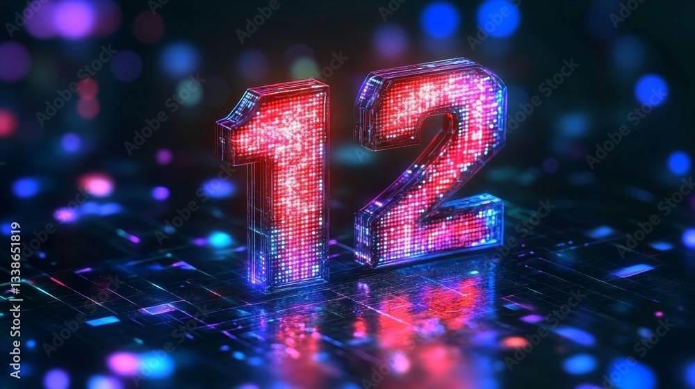 Poster glowing digital number 12 futuristic style digital abstract background technology concept.