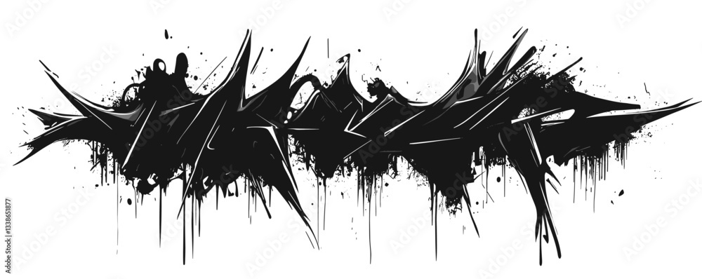 Poster dynamic black and white graffiti art with sharp lines and dripping paint effects.