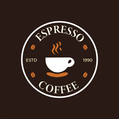 Espresso coffee logo design featuring a minimalist coffee cup and steam with established date and coffee beans