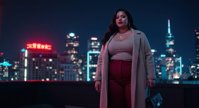 Confident woman in stylish outfit stands on rooftop at night, city skyline illuminated behind her - bbw sexy ladies | chubby woman | thick black girl
