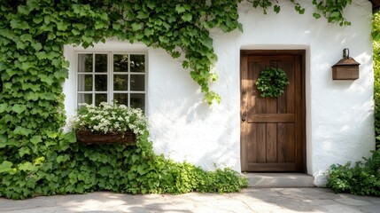 A picturesque cottage entrance adorned with vibrant ivy and blooming flowers, inviting visitors into a captivating world filled with charm and serenity.