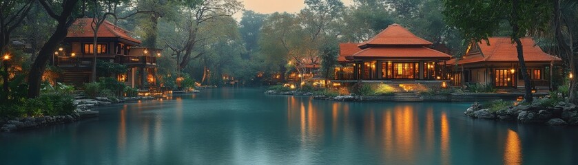 Fototapeta premium beautiful tropical houses on the edge of a serene lake, surrounded by lush trees and plants