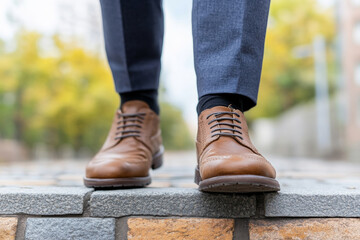 Stylish brown shoes on man walking confidently outdoors