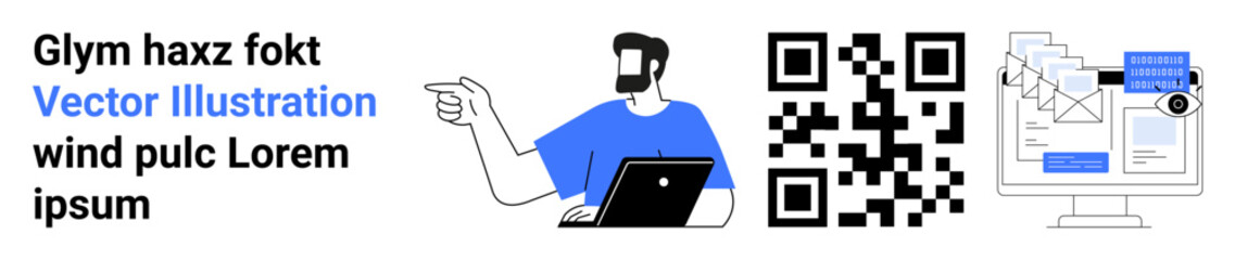 Man holding laptop, pointing towards QR code next to them is a screen with data charts and emails. Ideal for technology, analytics, data transfer, QR solutions, communication, business, marketing