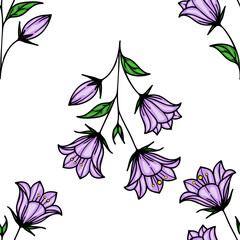 A vector seamless pattern featuring delicate purple bellbellflowers with green leaves on a white background. The bellbellflowers are illustrated in a whimsical style.