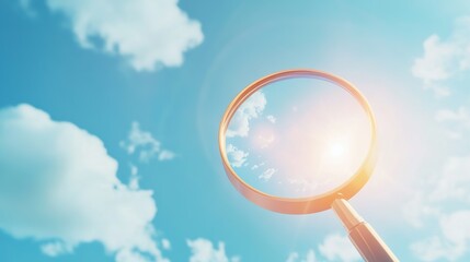 Magnifying glass sky view, sunny clouds, research concept