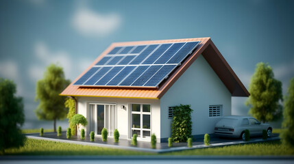 A Charming Suburban Home Embracing Sustainable Energy, Showcasing Solar Panels On Its Roof, Nestled In A Vibrant Green Landscape Under A Bright, Sunny Sky