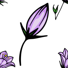 A vector seamless pattern featuring stylized purple bellbellflowers and buds on a white background. The design showcases various bellflowers shapes with delicate lines and vibrant colors.
