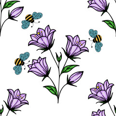 A vector seamless pattern featuring purple bellbellflowers and blue bees with black stripes on a white background. The bellbellflowers are detailed with green leaves.