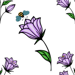 A vector seamless pattern featuring purple bellbellflowers and a blue bee on a white background. The bellbellflowers have green leaves and are illustrated in a whimsical style.