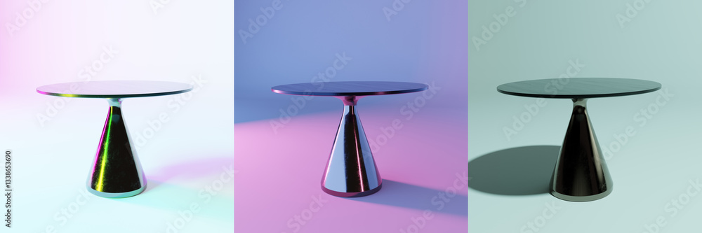 Poster Set of three metal coffee tables illuminated by different colors of lights. 3D render.
