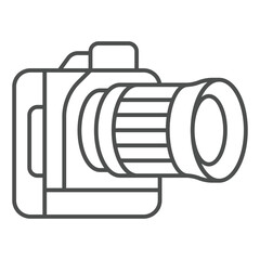 Photocamera with telelens thin line icon, photography and optics concept. Vector graphics. Photo camera sign on white background, outline style icon for mobile or web design.