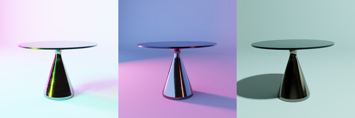 Set of three metal coffee tables illuminated by different colors of lights. 3D render.
