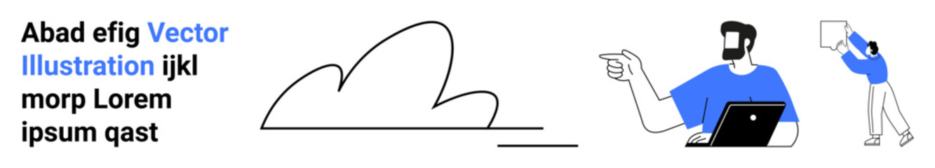Two professionals, one with a laptop pointing and another holding papers, engage in teamwork with cloud elements. Ideal for collaboration, brainstorming, team management, creativity, problem-solving