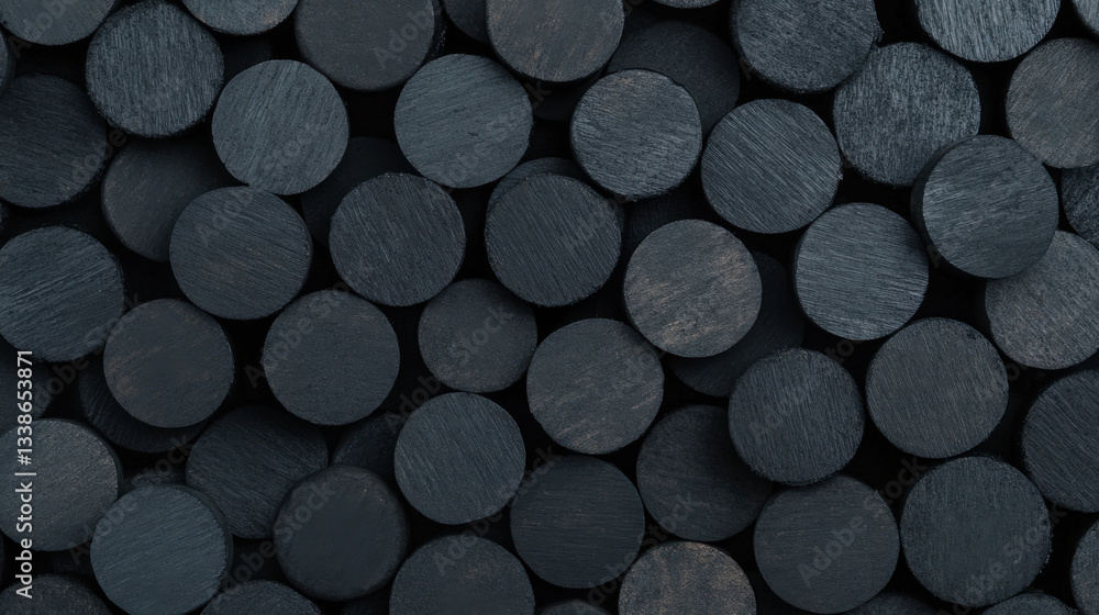Poster close up view of neatly arranged black wooden discs, showcasing their smooth surfaces and circular s