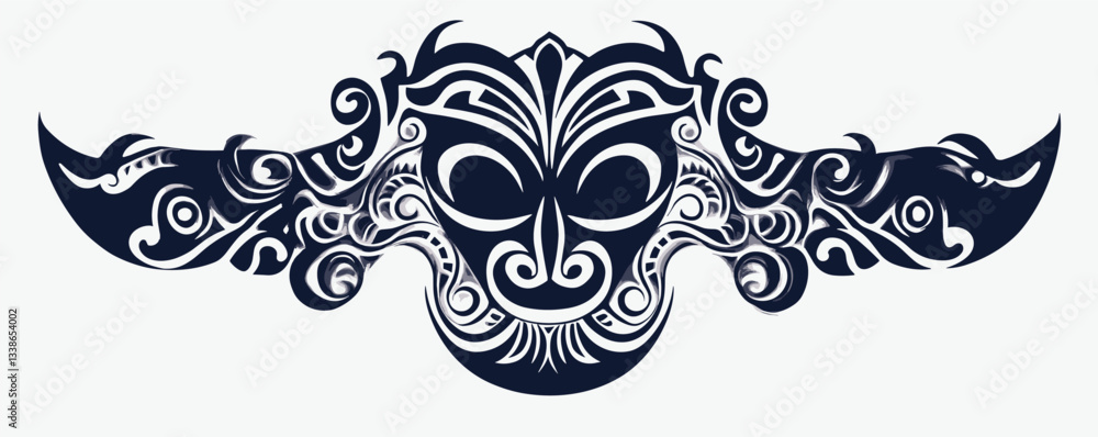 Poster ornate tribal mask design with intricate swirls and symmetrical patterns in black.