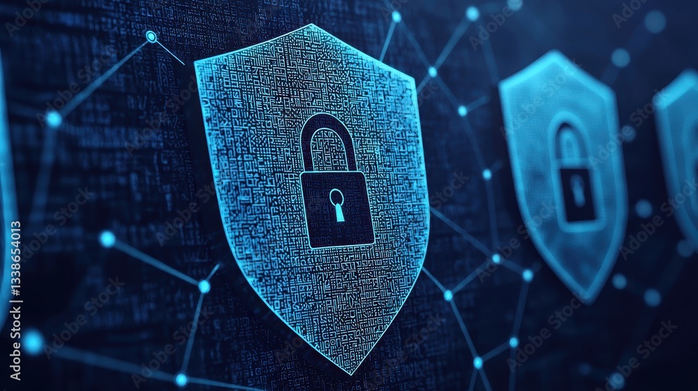 Poster digital security shield concept with lock icon and data protection symbols in blue tone background