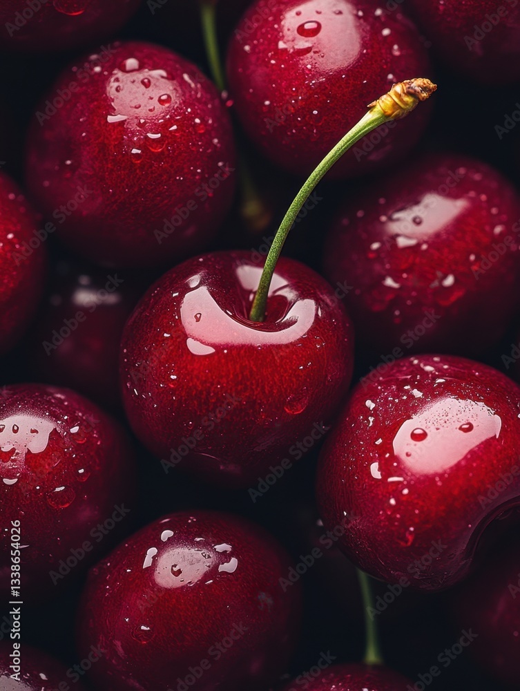 Poster close up of fresh ripe cherries with water droplets on dark background capturing the richness and te