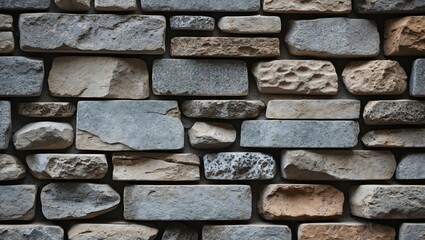 Naklejka premium Textured stone wall background featuring varying shades of gray and beige stones arranged in a horizontal pattern creating depth and interest.