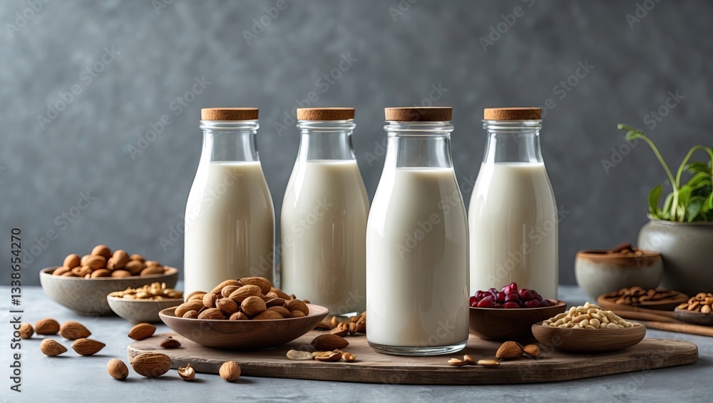 Poster nut milk in glass bottles with wooden lids on a gray background surrounded by almonds and nuts with 