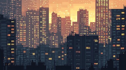 Pixel art cityscape at dusk.  City skyline illuminated with warm golden light