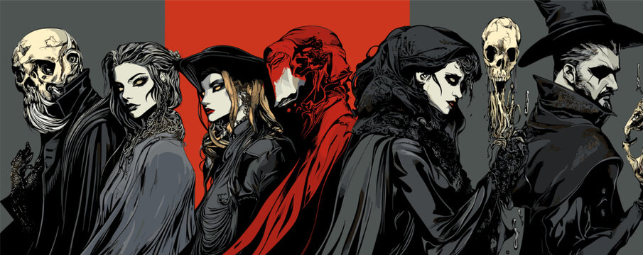 Mysterious group in gothic costumes with skull and cloaks against red background.