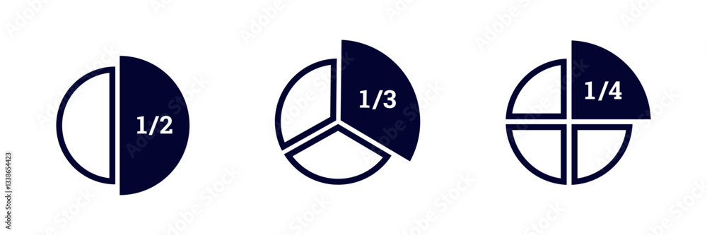 Poster three pie charts showing half, one third, and one quarter fractions, each with unique color sections